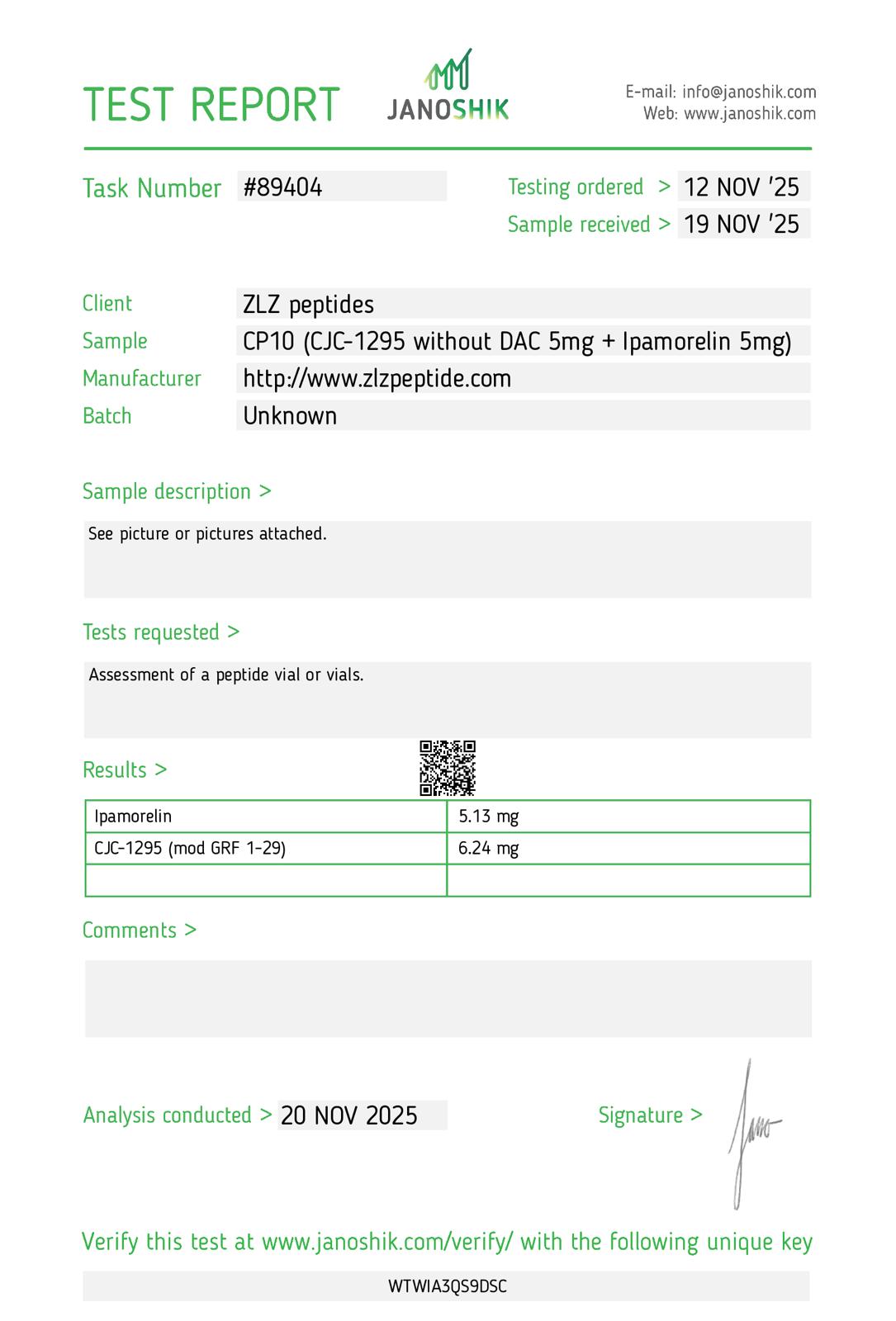 CJC-1295 No DAC + Ipamorelin COA — CP10 (CJC-1295 No DAC 5mg + Ipamorelin 5mg), purity —