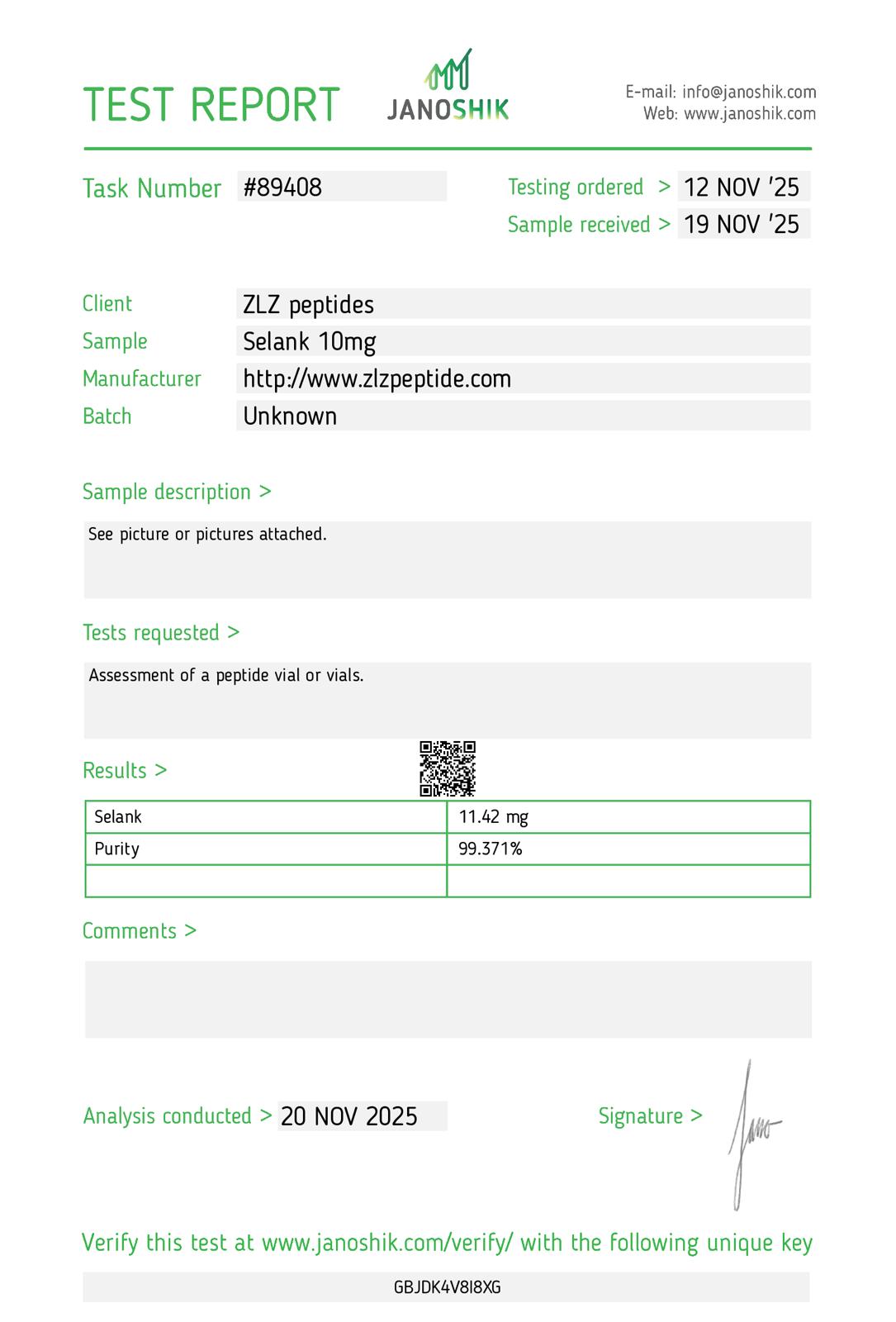 Selank COA — Selank 10mg, purity 99.371%