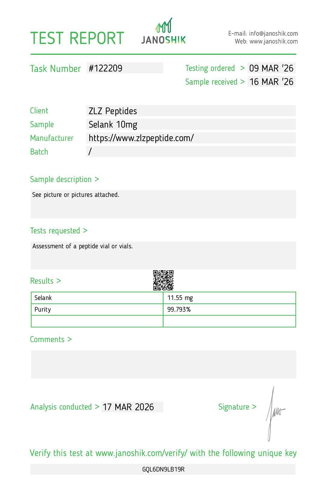 Selank COA — Selank 10mg, purity 99.793%