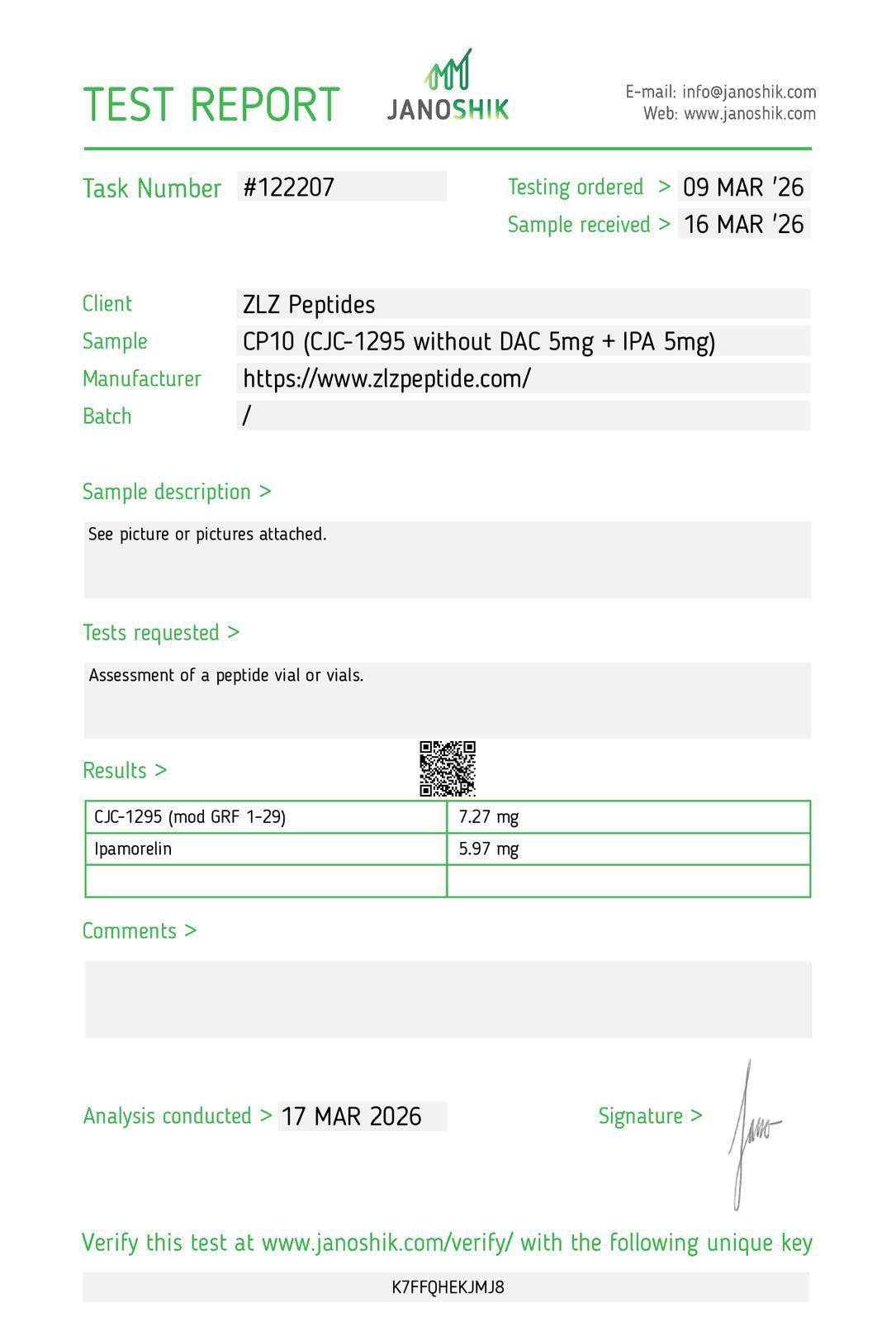 CJC-1295 No DAC + Ipamorelin COA — CP10 (CJC-1295 No DAC 5mg + IPA 5mg), purity —