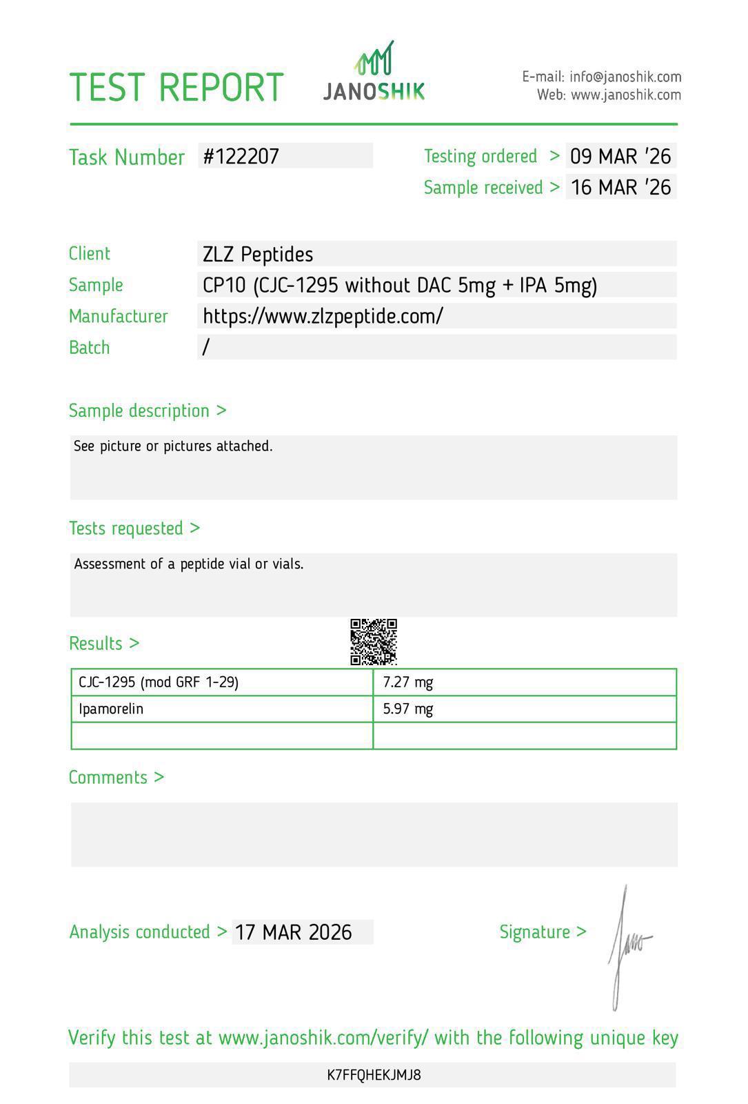 CJC-1295 No DAC + Ipamorelin COA #122207