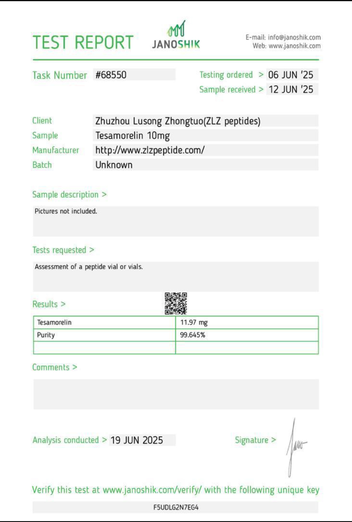 Tesamorelin COA #68550